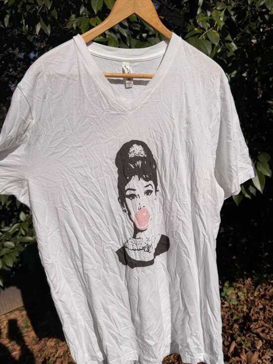 Audrey Hepburn Bubblegum Graphic Tee – Bella + Canvas White V-Neck (XL) - Picture 1 of 3